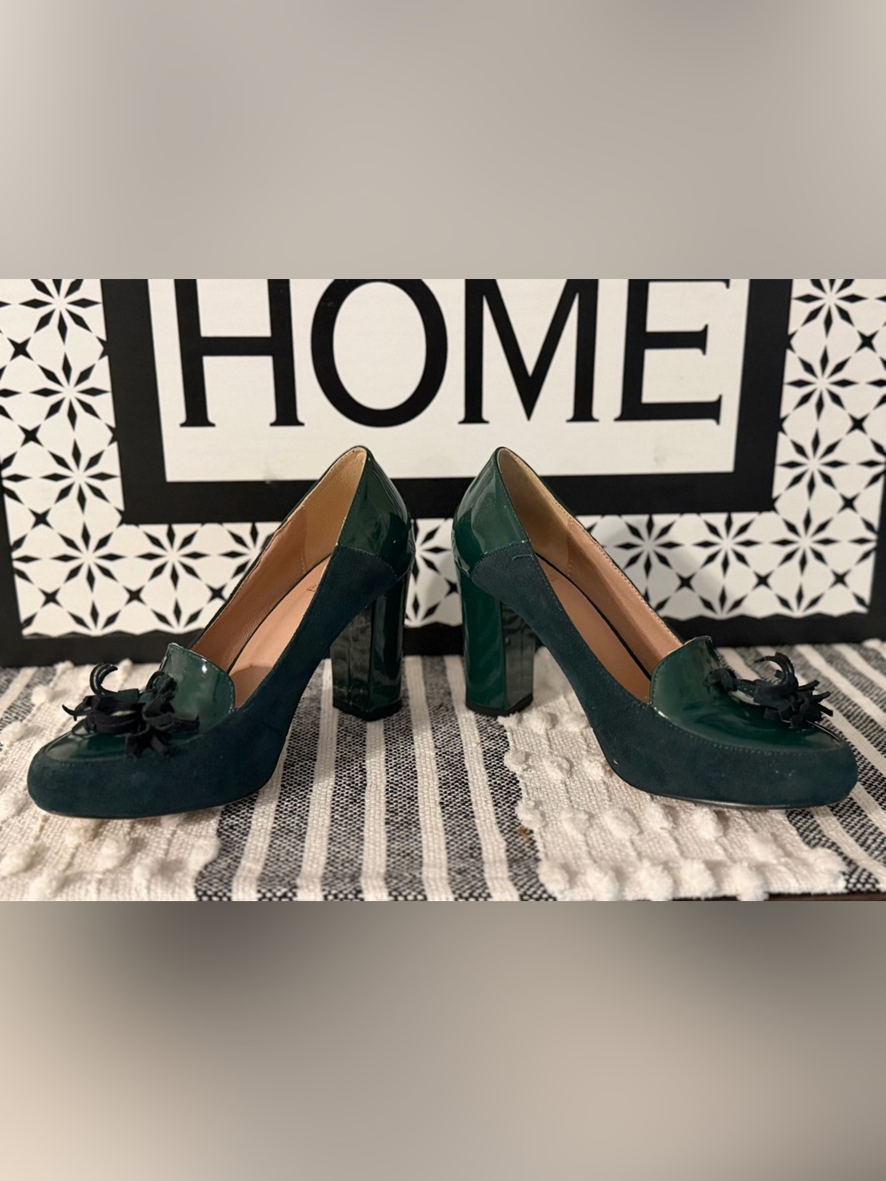 LEHOOR Women Chunky Block High Heel Fringed Pumps